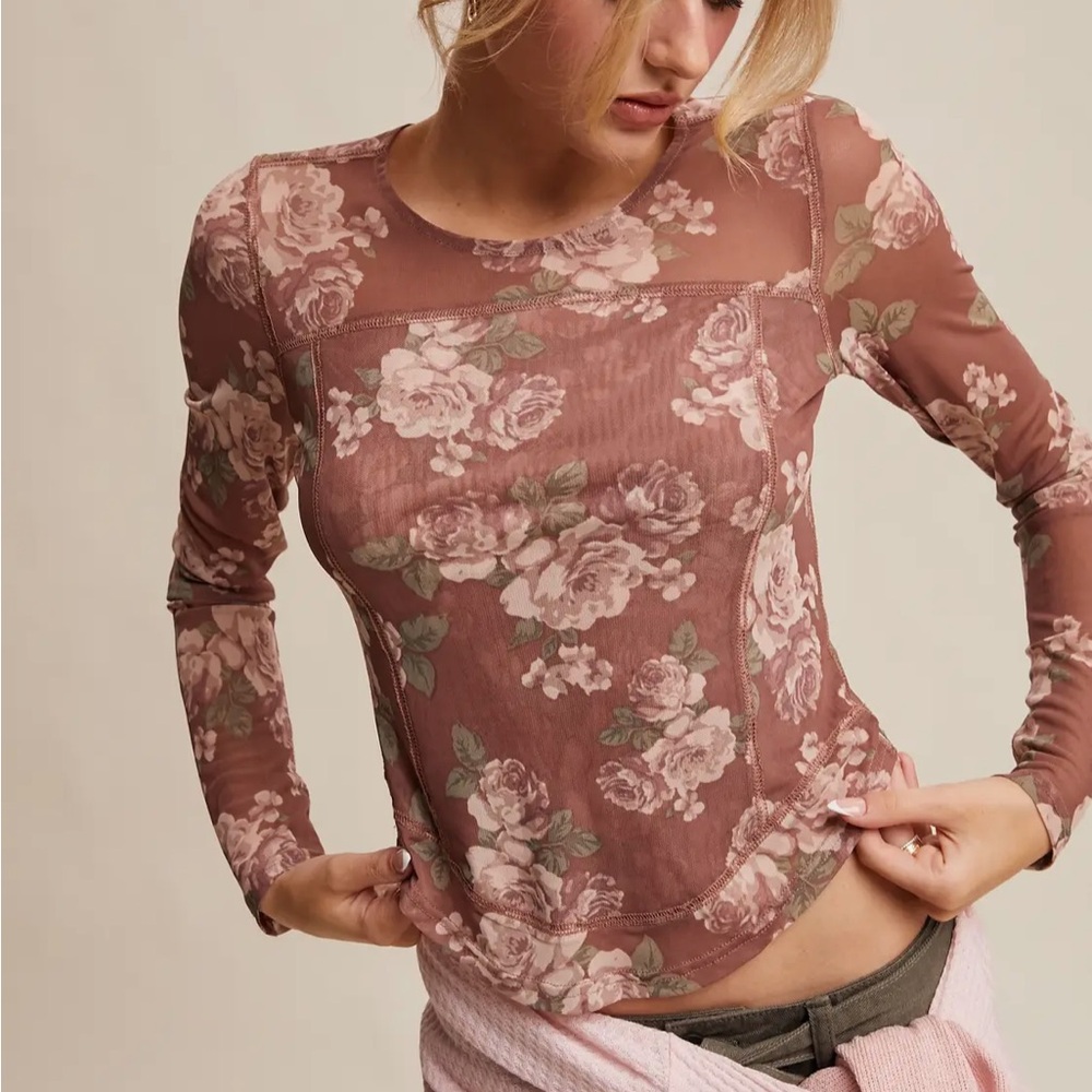 Listicle Dusty Rose Floral Mesh Long-Sleeve Top